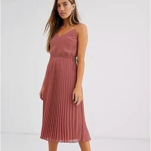 Pleated cami midi dress with drawstring waist in dark pink